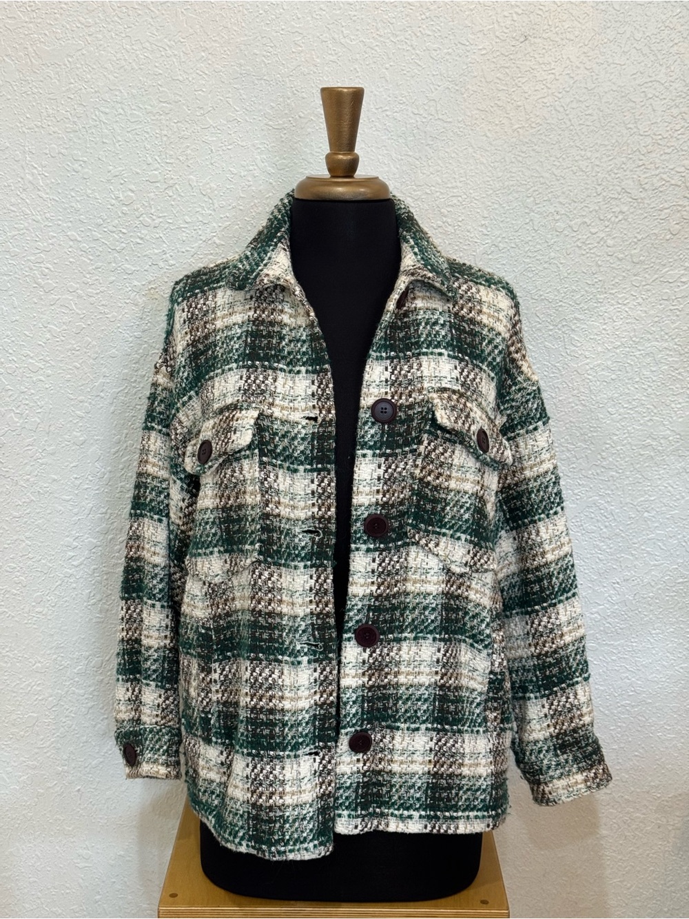 Zara Green and Cream Plaid Teddy Shacket